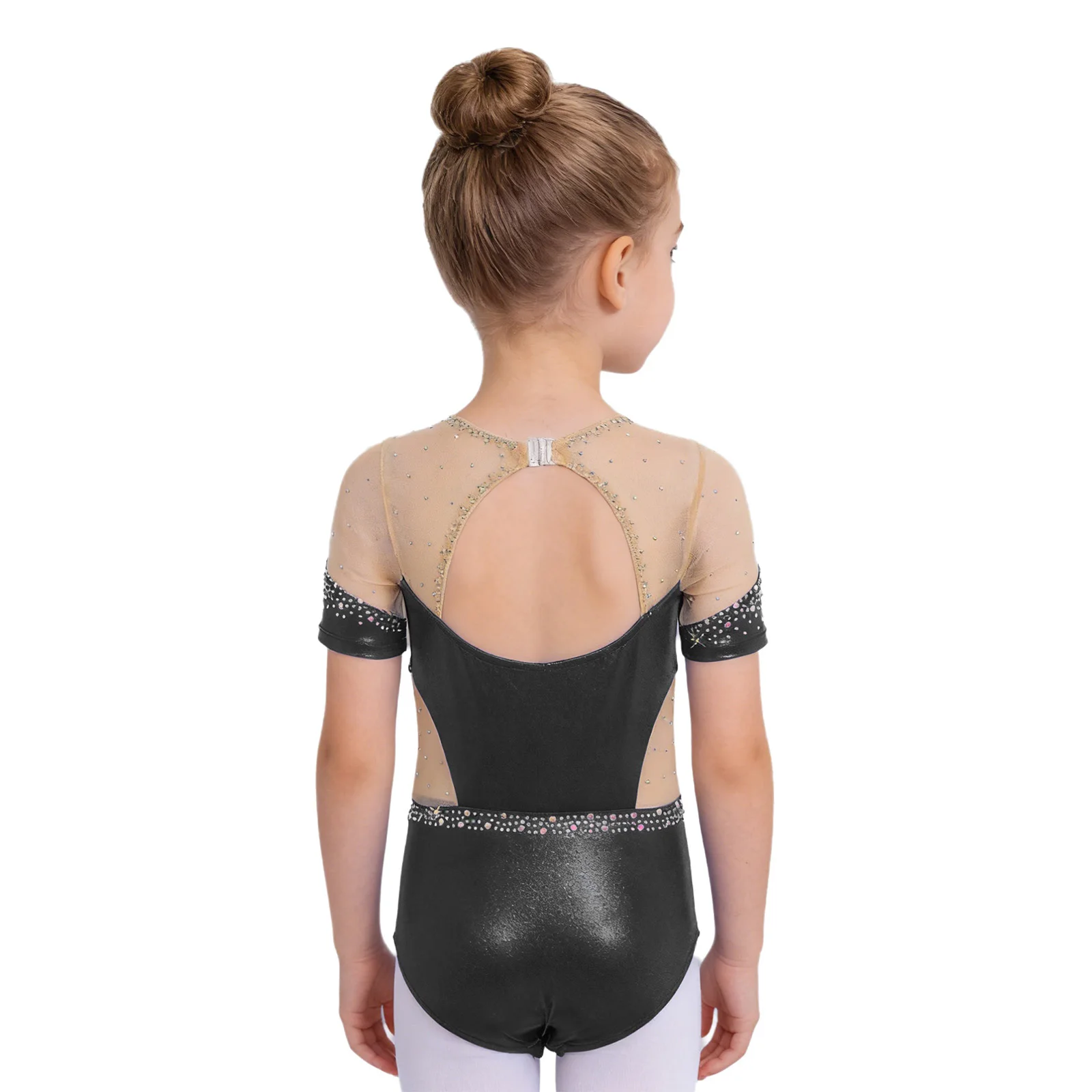 Kids Ballet Leotard Short Sleeve Cutout Back Body Suit Shiny Rhinestones Gymnastics Dance Sport Clothes Figure Skating Dancewear