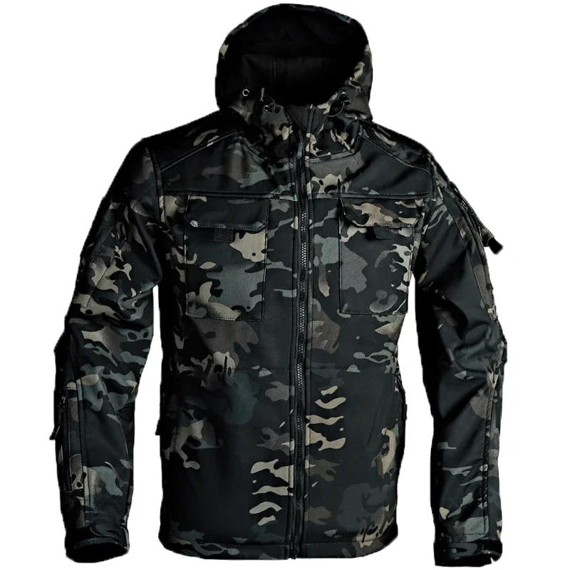 

Sharkskin Tactical Coats Men Fleece Softshell Windproof Hooded Jackets Outdoor Functional Uniforms Multi-pockets Camo Parkas