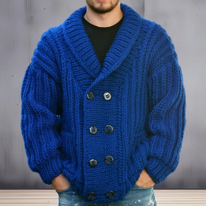 Abrigo de invierno de estilo étnico nórdico, suéter de aguja gruesa con doble botonadura azul grueso a la moda, chaqueta de lana holgada de alta gama