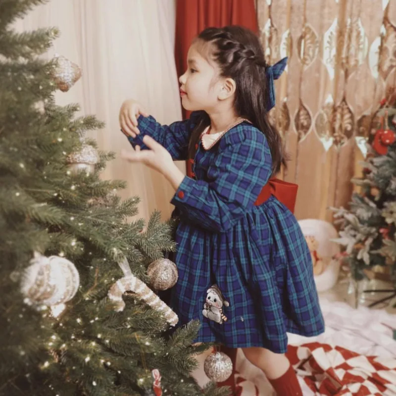 Ins Handmade Girls Long-sleeved Boutique Dress Flower Girls Bow Tutu Skirt Children's Cotton Plaid Embroidery Bunny Bear Pattern