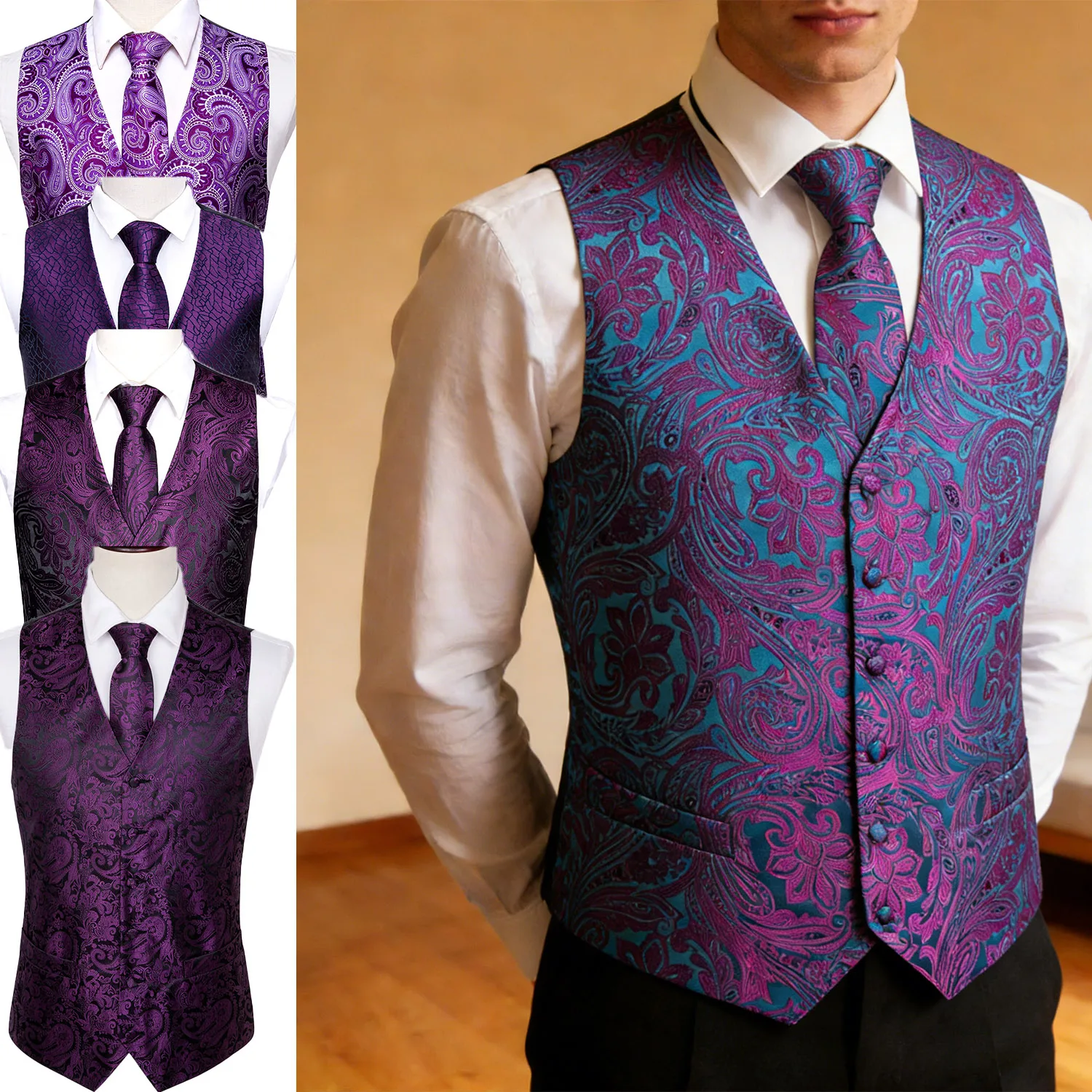 

Мужской элегантный фиолетовый жилет с цветочным узором пейсли, V-образным вырезом, с платком и запонками, для свадьбы, вечеринки, подарка, на каждый день
