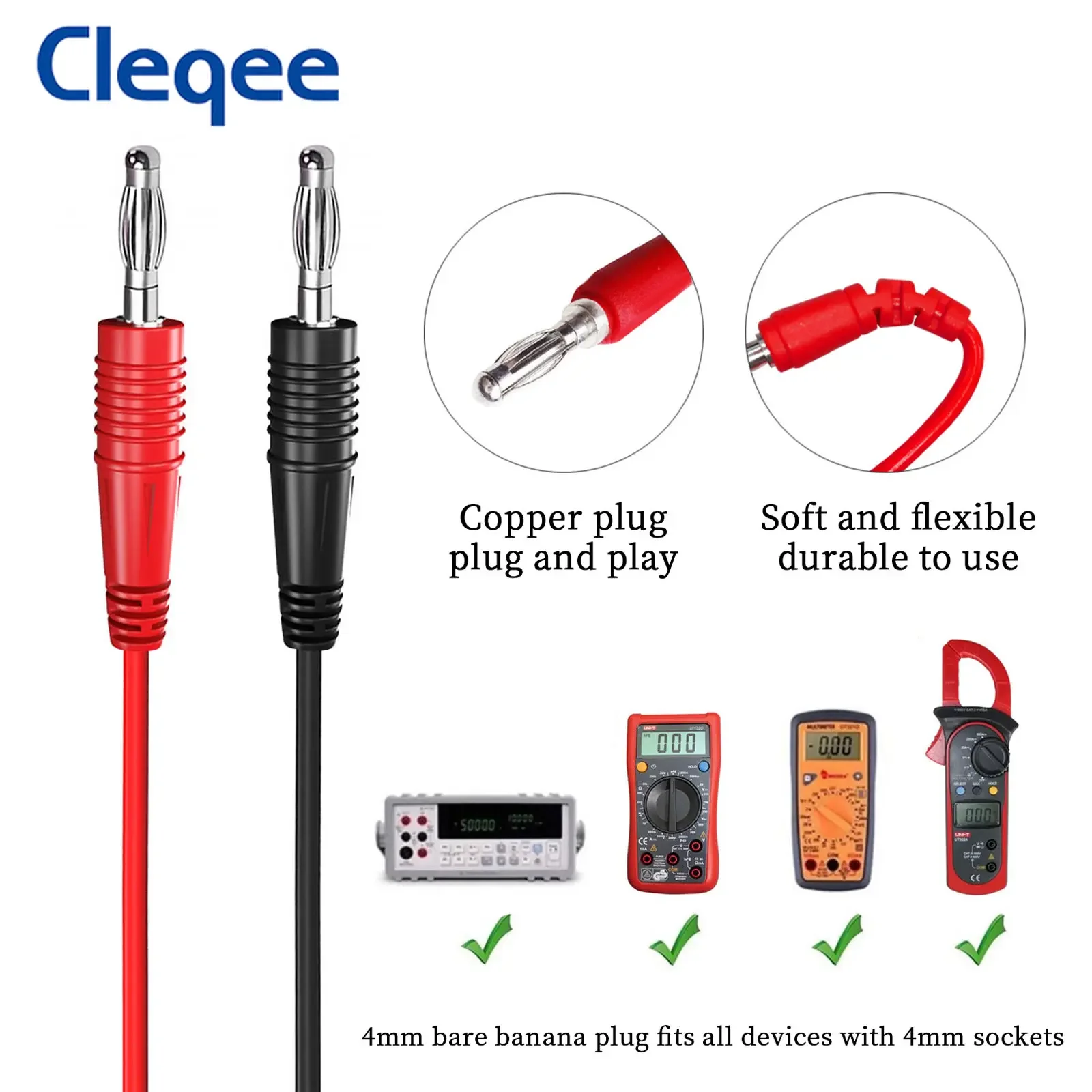 Cleqee P1038 2PCS Copper 4mm Banana Plug To Alligator Clip Soft Test Lead Safe Crocodile Clip Multimeter Test Cable