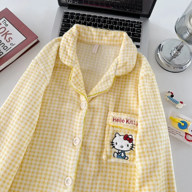 Зимний пижамный комплект с клетчатым принтом «Hello Kitty», новый пижамный костюм с героями мультфильмов, теплый корейский милый плюшевый домашний комплект Y2K, милая одежда для сна