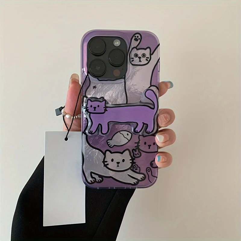 Perforated Vortex Shell IND Purple Fish Cat Phone Case For iPhone 16 15 14 13 12 11 Pro Max X XS 7 8 Plus Shockproof Clear Cover