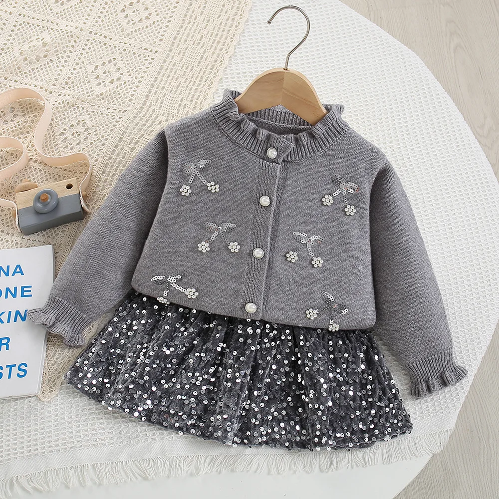 2PCS Winter Sweater Set for Baby Girls Turtleneck with Flared Skirt Lovely Sweet Outfit Kids' Clothing Set