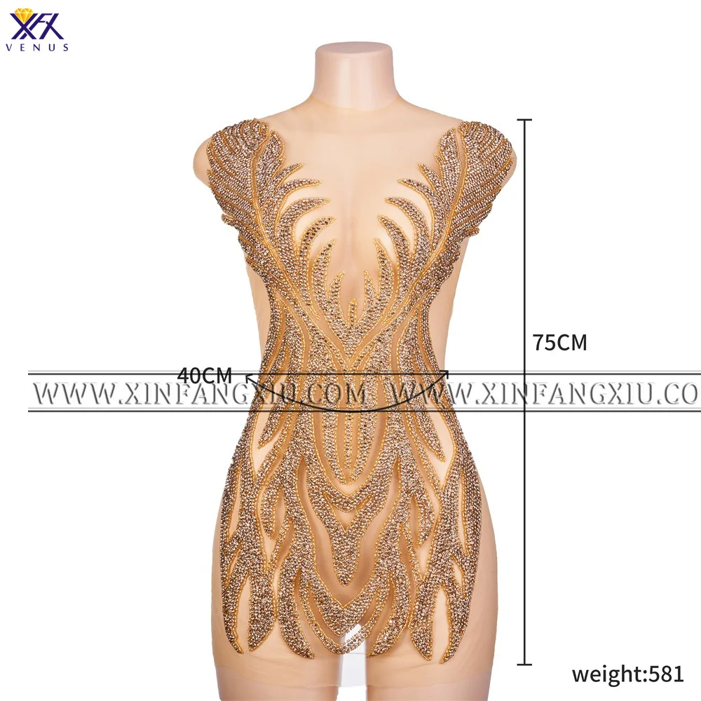 

XFX VENUS 1 Piece Gold Fabric Sequined Bridal Sewing Beaded Wedding Dress Rhinestones Patch Appliques Iron on Patches Embroidery