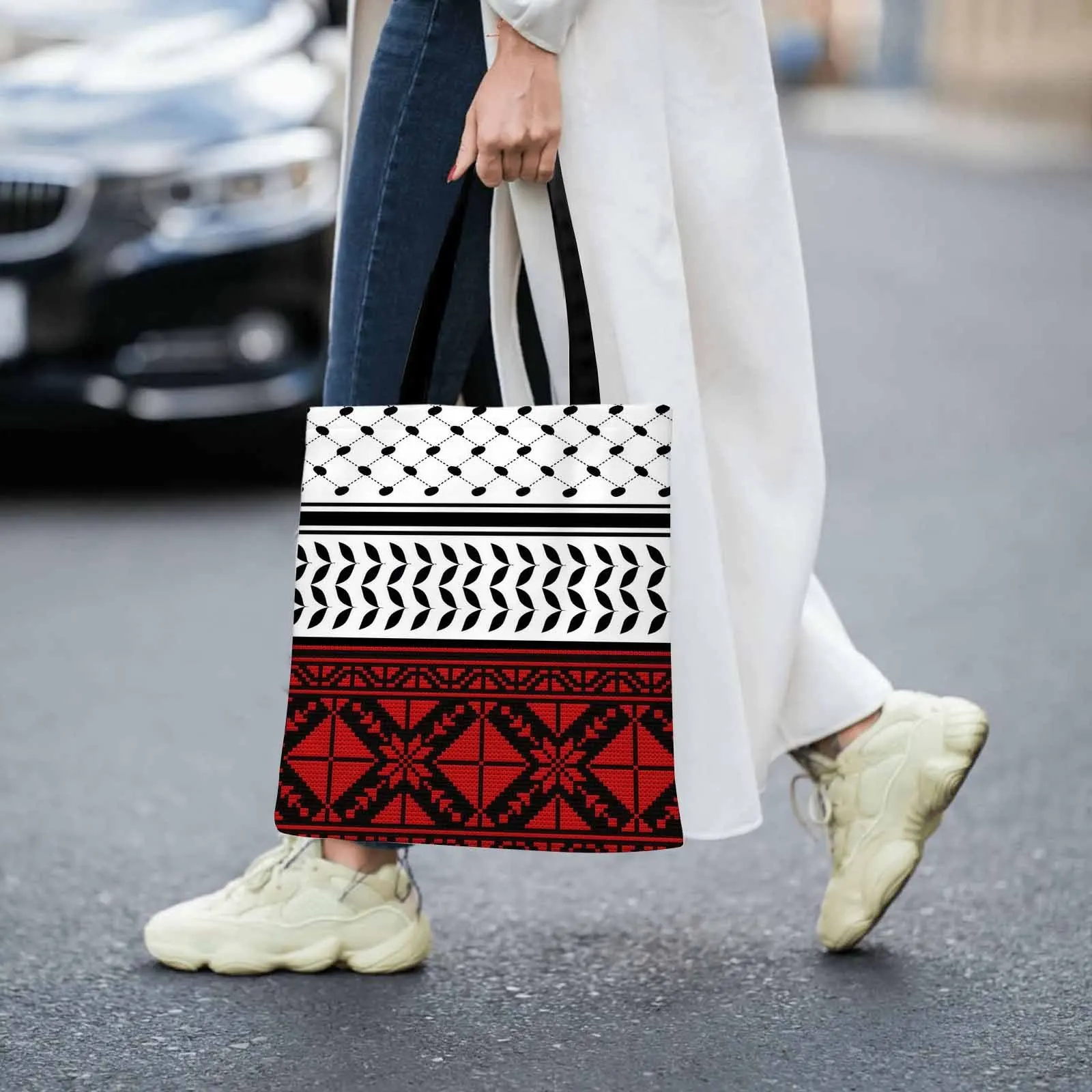 Geometric Pattern Red Black Traditional Design Tote Bag Picnic Accessories Shoulder Bag Large Capacity Christmas Shopping Bag