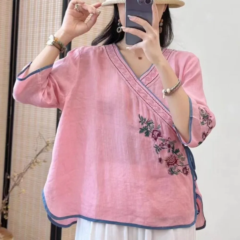 Spring Summer New Chinese Style Cotton Linen Embroidery Shirt Women V-Neck Lace Up Loose Ethnic Top Chinese Style Clothes