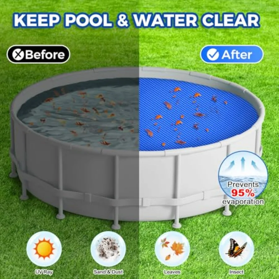 Solar pool cover for above-ground and inground pools, 15 ft diameter round thermal blanket in blue, 12 mil bubble wrap material