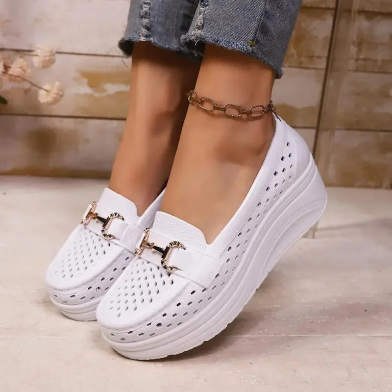 Soft Thick Bottom Height Increase White Loafers Women Hollow Out Wedge Heel Pumps Women Comfortable Nursing Shoes Zapatos Mujer