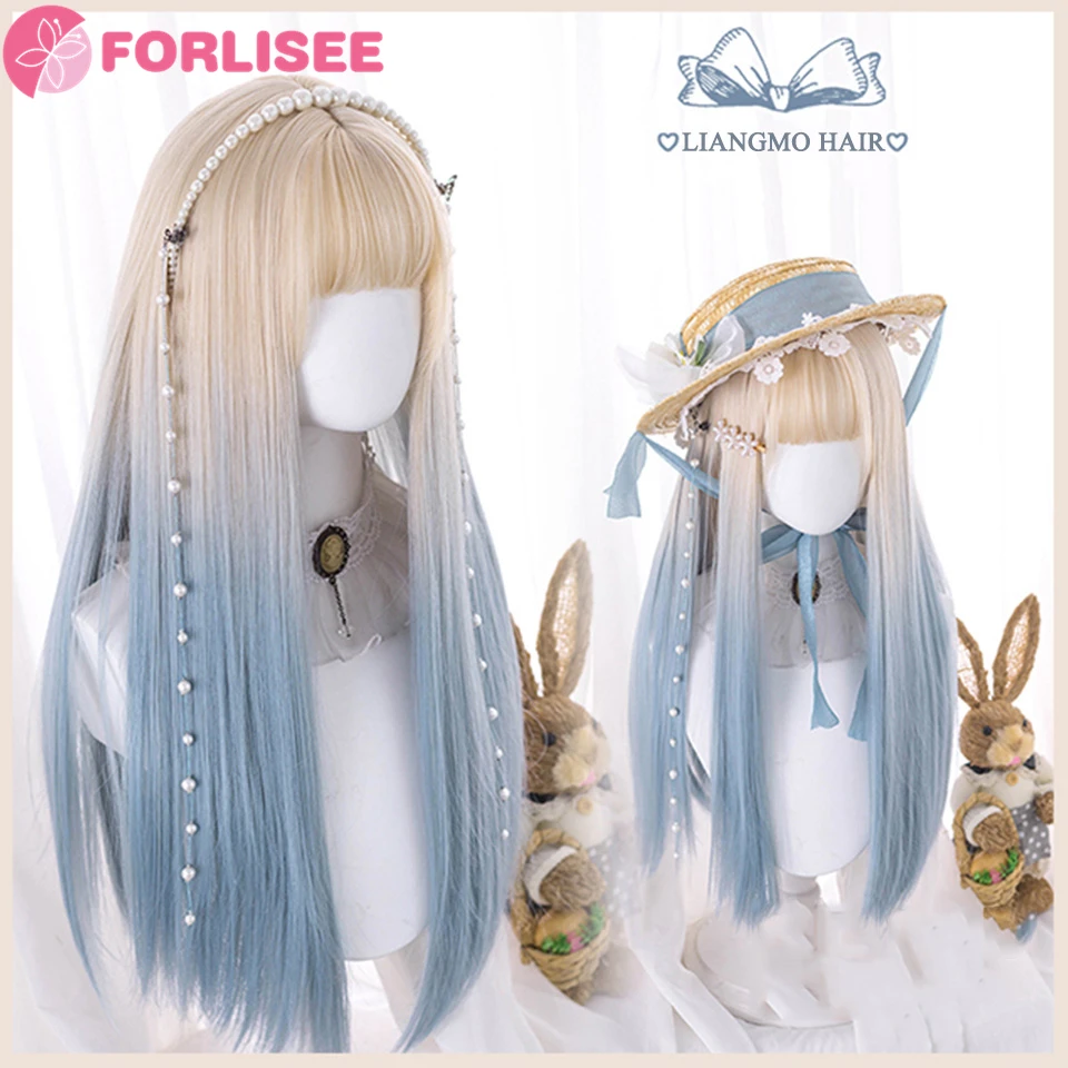 FORLISEE Wig Sintetis Putih Panjang dengan Poni Cosplay Wig Lurus dengan Coklat Menyorot Rambut Palsu Alami untuk Wanita Kulit Hitam