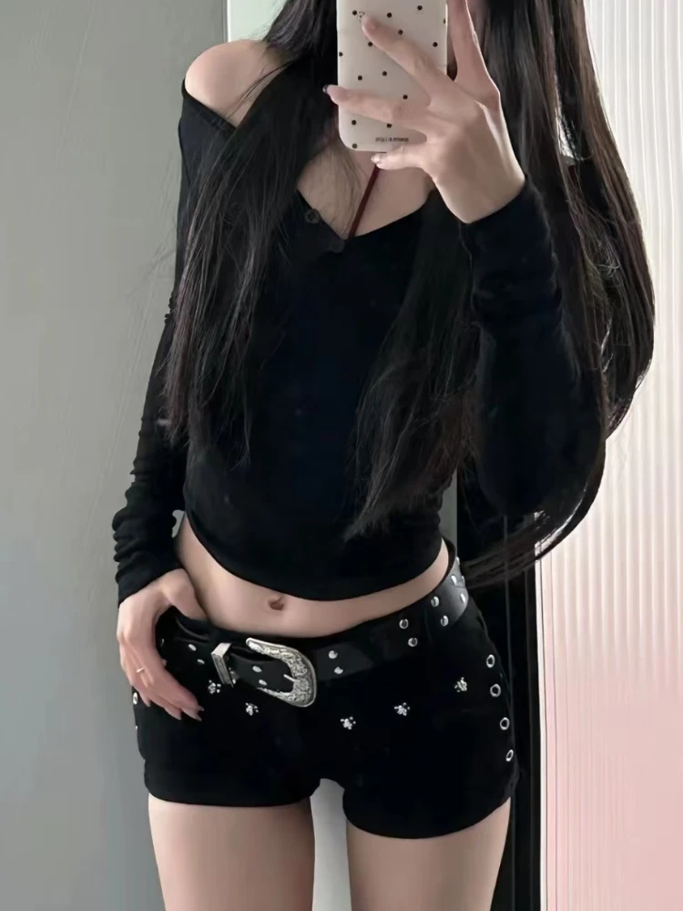 Amerikanische Retro-Nieten-Gürtel-Shorts für Damen, Sommermode, Persönlichkeit, niedrige Taille, Jeans, 2022, neuer Gürtel, Streetwear, sexy Y2k-Hot-Shorts