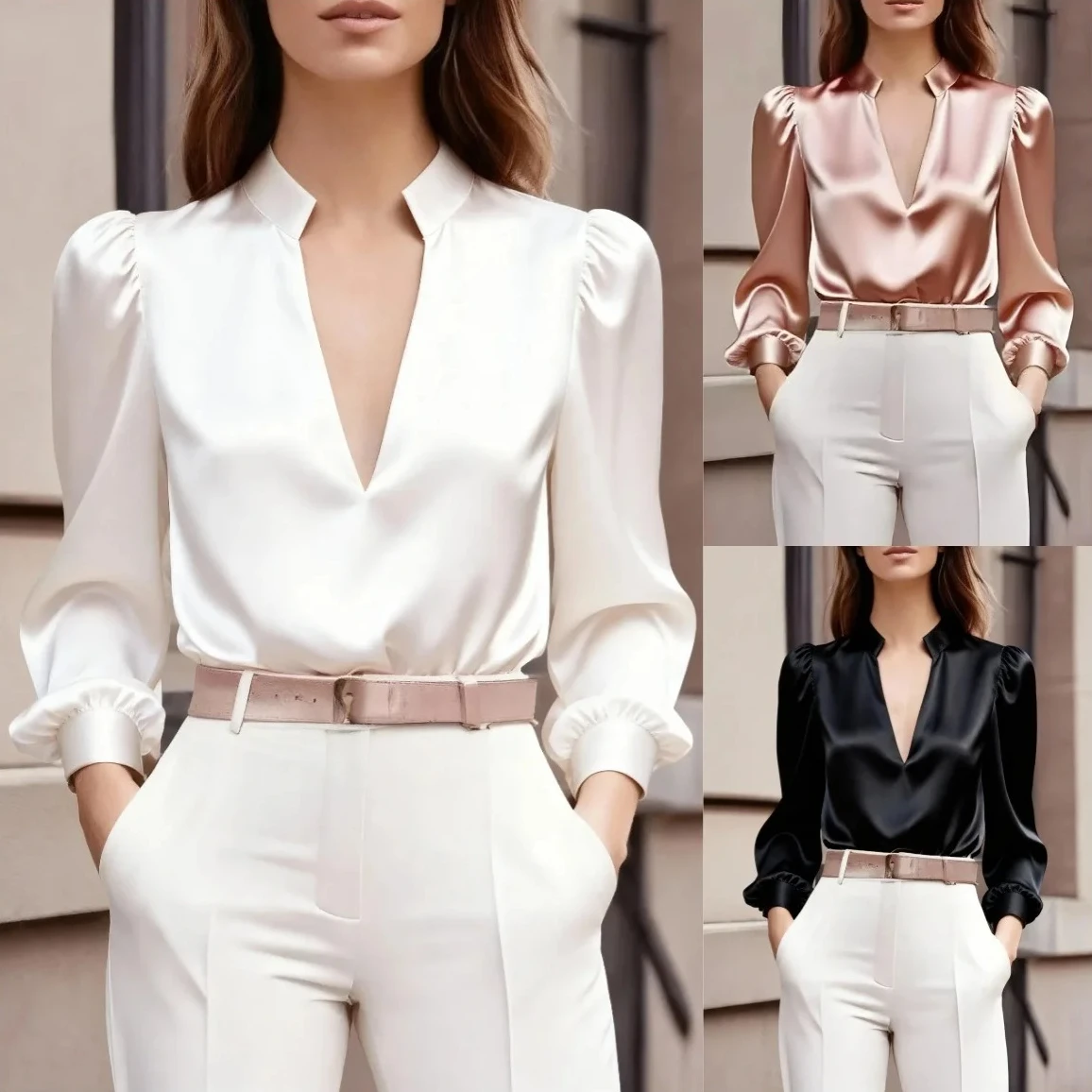 

Chic Pink Silk-Look Top Elegant Women's Satin Blouse with Puffed Sleeves and V-Neck Design