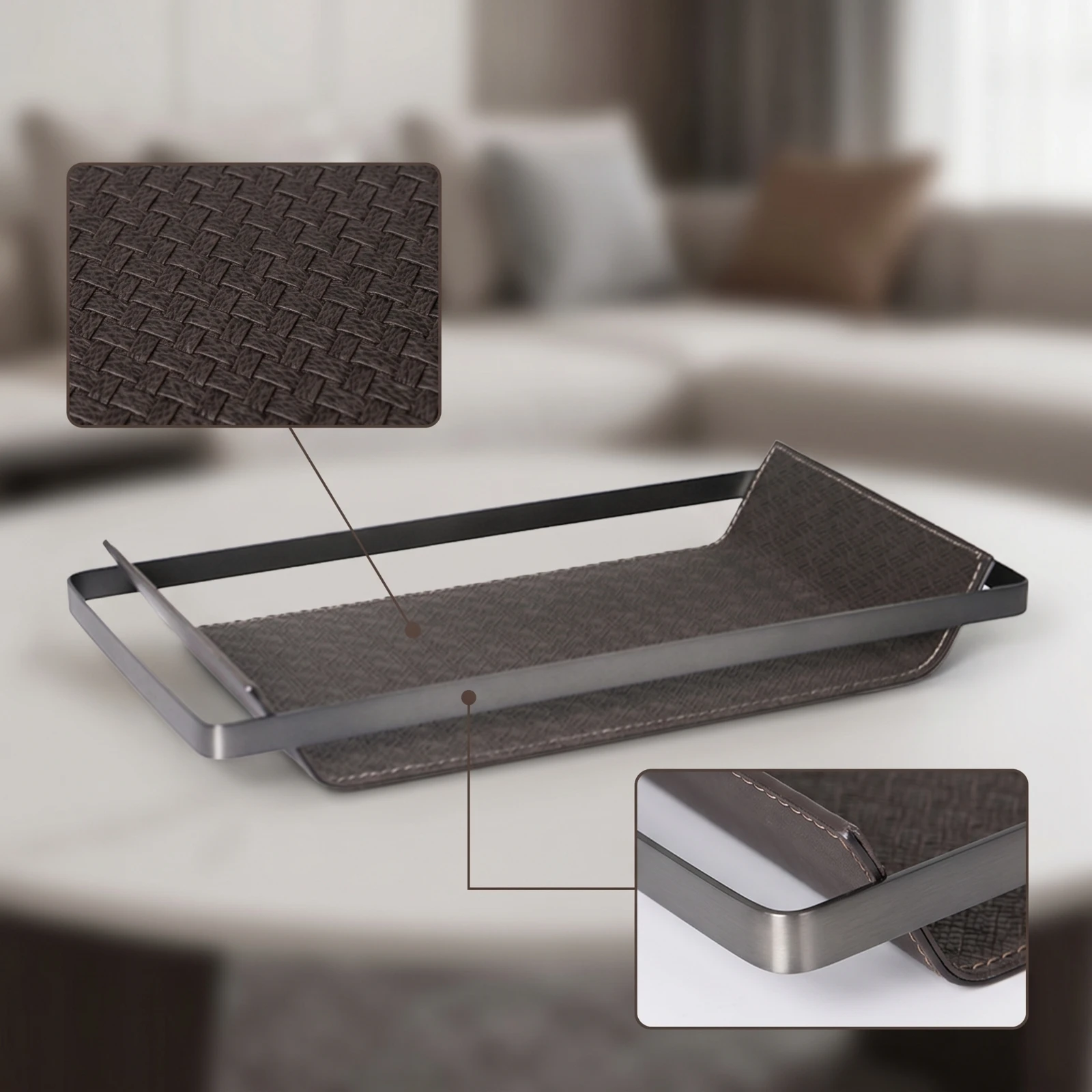 Tray with Leather Liner Rectangular Valet Tray Minimalist Long-Lasting for Home Decorators, Coffee Table, Office