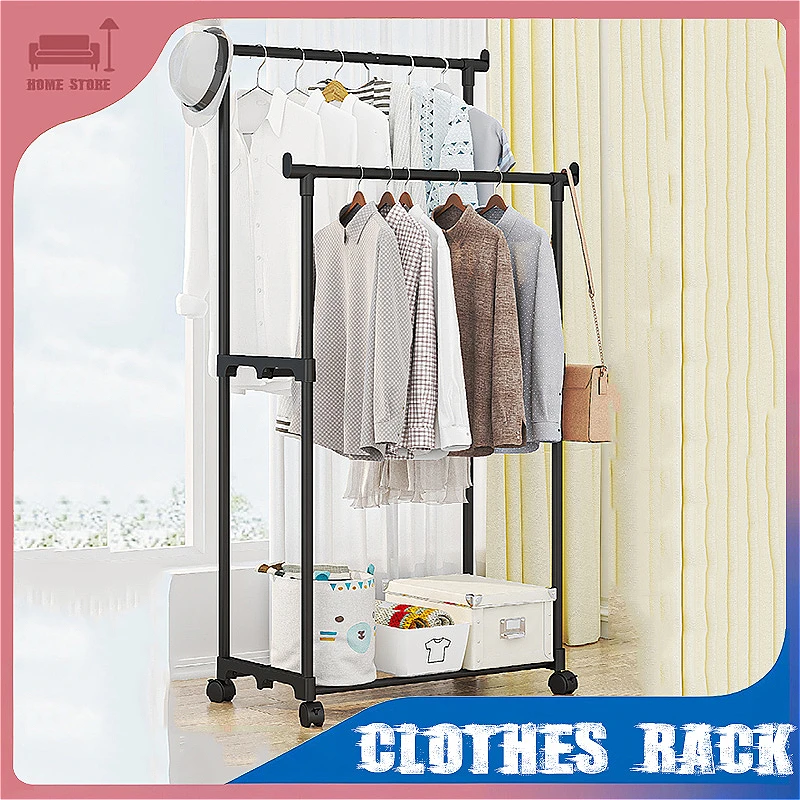 Movable Clothes Rack Floor Standing Double-Rod Multifunctional Storage Shelves with Wheels Bedroom Clothes Hats Organizer Shelf