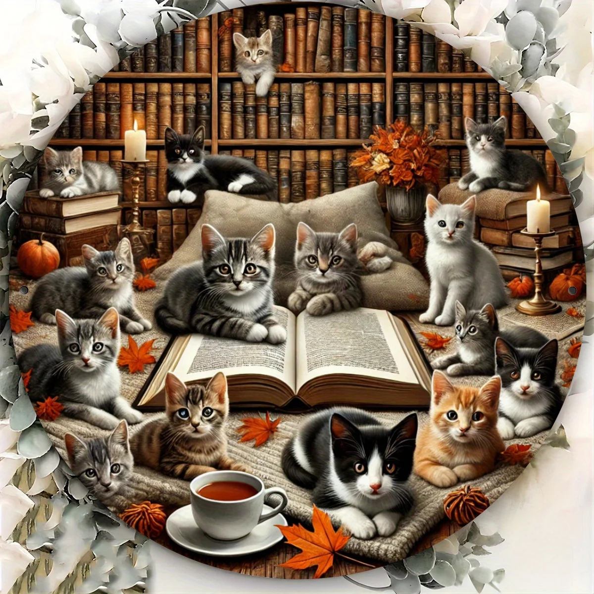1pc, Cat Book Metal Round Sign, 7.8X7.8 Inches/20X20 Cm, Rustic Wall Art, Durable Aluminum Plate, Indoor Use, Easy to Hang Crown