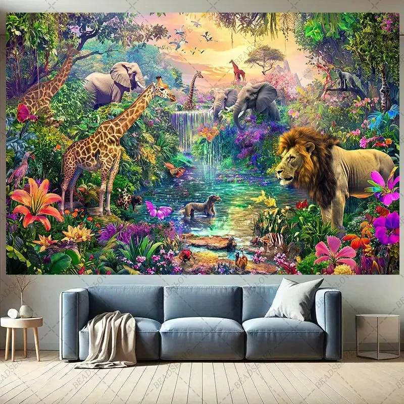 

Tropical Jungle Landscape Diamond Painting Cross Stitch Kit 5D Lions,Elephants,Giraffes,Zebra DIY Full Diamond Mosaic Embroidery
