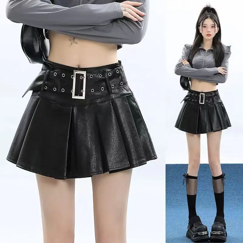 Women's Lack Gothic A-Line Pleated Leather Skirt Y2K Hot Girls Sexy Mini Shorts Skirts American Vintage Casual Cake Skirts