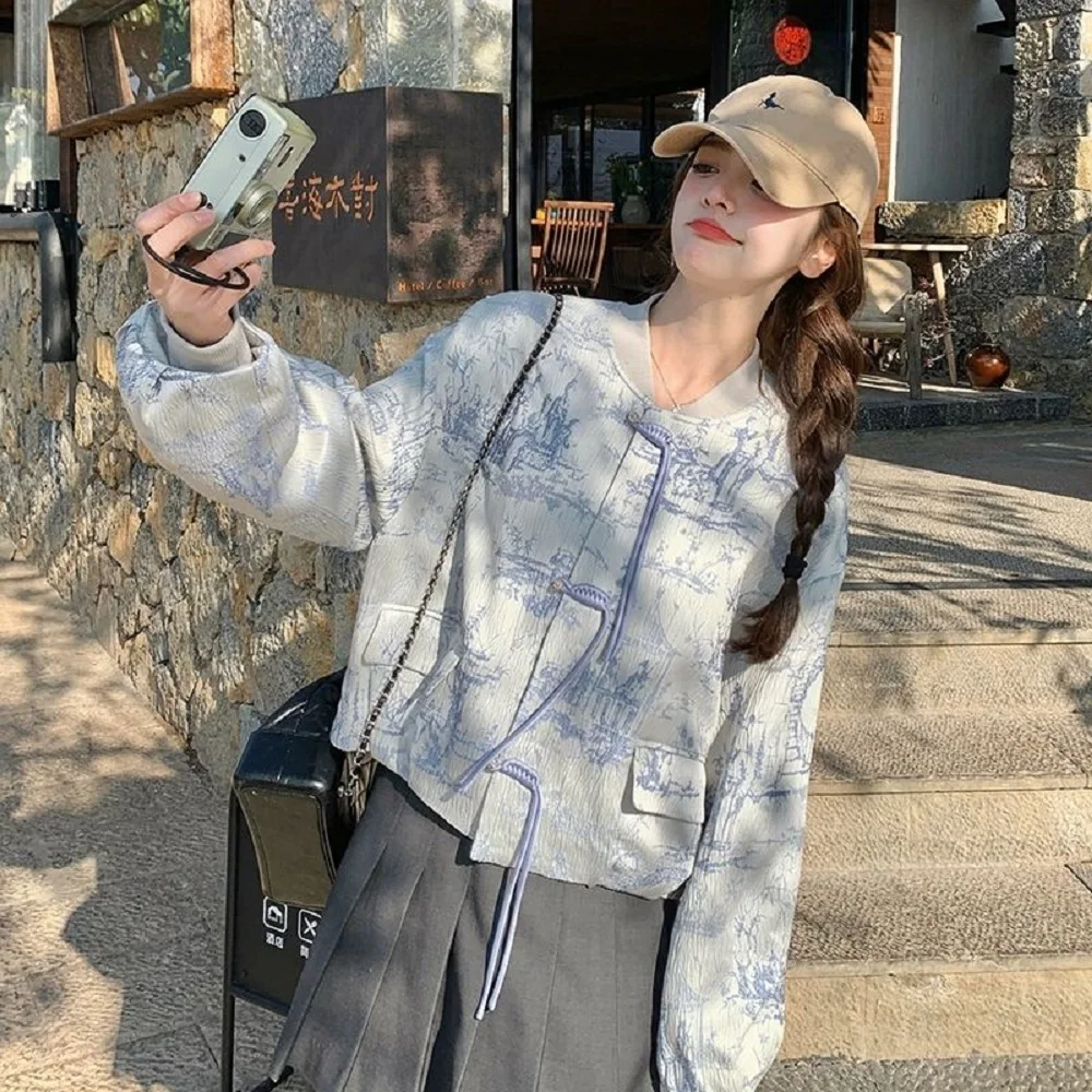 

Новая женская куртка с длинными рукавами и принтом на пуговицах в китайском стиле, весна-осень 2023, новый дизайн, тонкий элегантный короткий топ