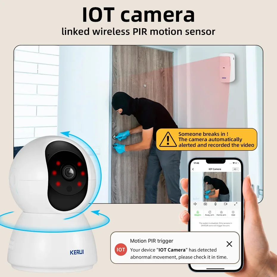 نظام إنذار كاميرا KERUI IOT مع مستشعر باب كاشف حركة FSK PIR لحماية أمن المنزل كاميرا IP لاسلكية WiFi