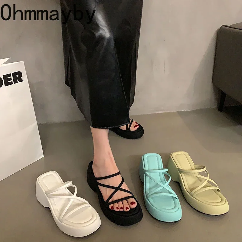 2024 Summer Gladiator Women Slippers Fashion Elegant Narrow Band Slides Shoes Ladies Casual Weges Heel Beach Sandalias