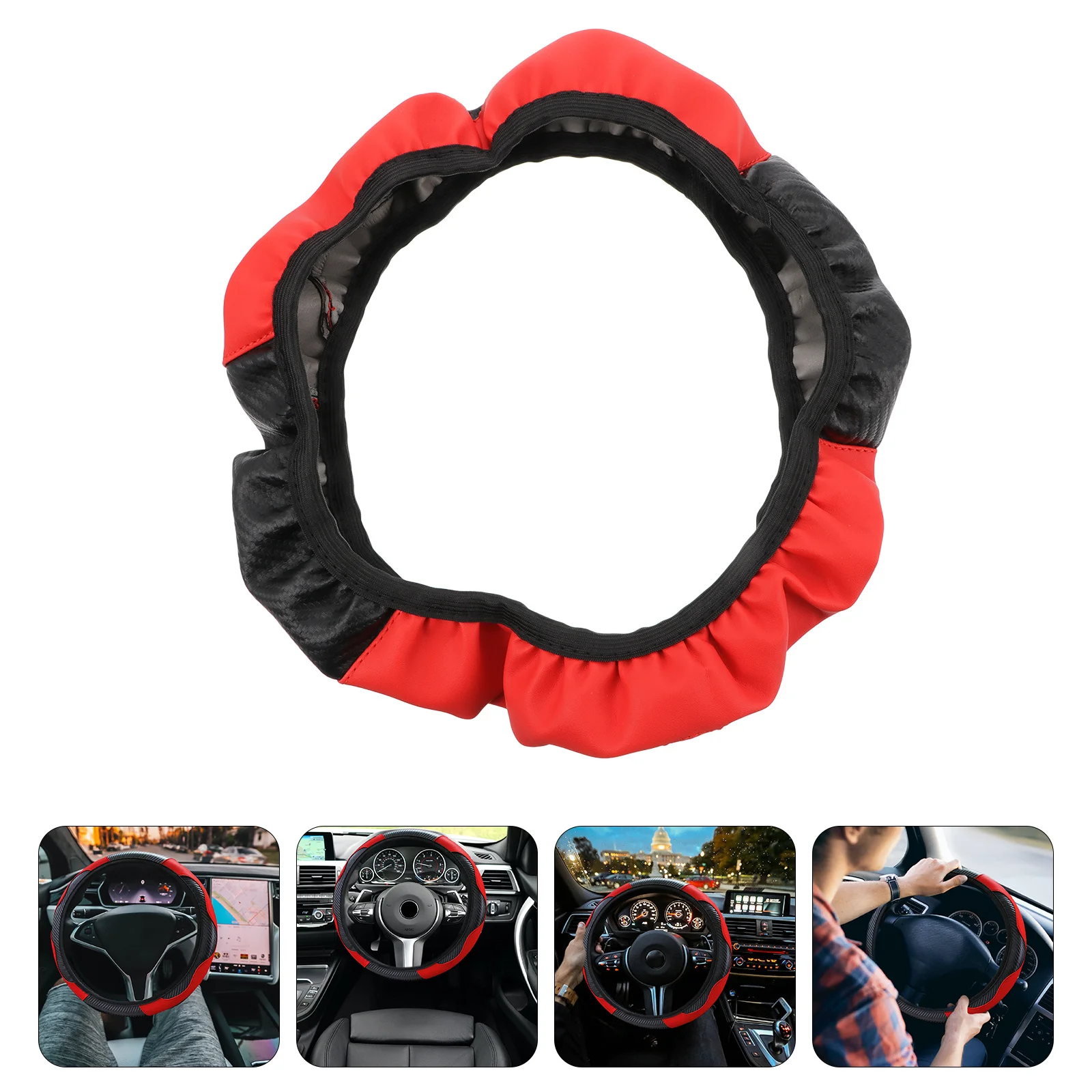 

Car Carbon Fiber Steering Wheel Cover Black-Red Protective Grip Sleeve Durable Breathable for All Season Comfortable