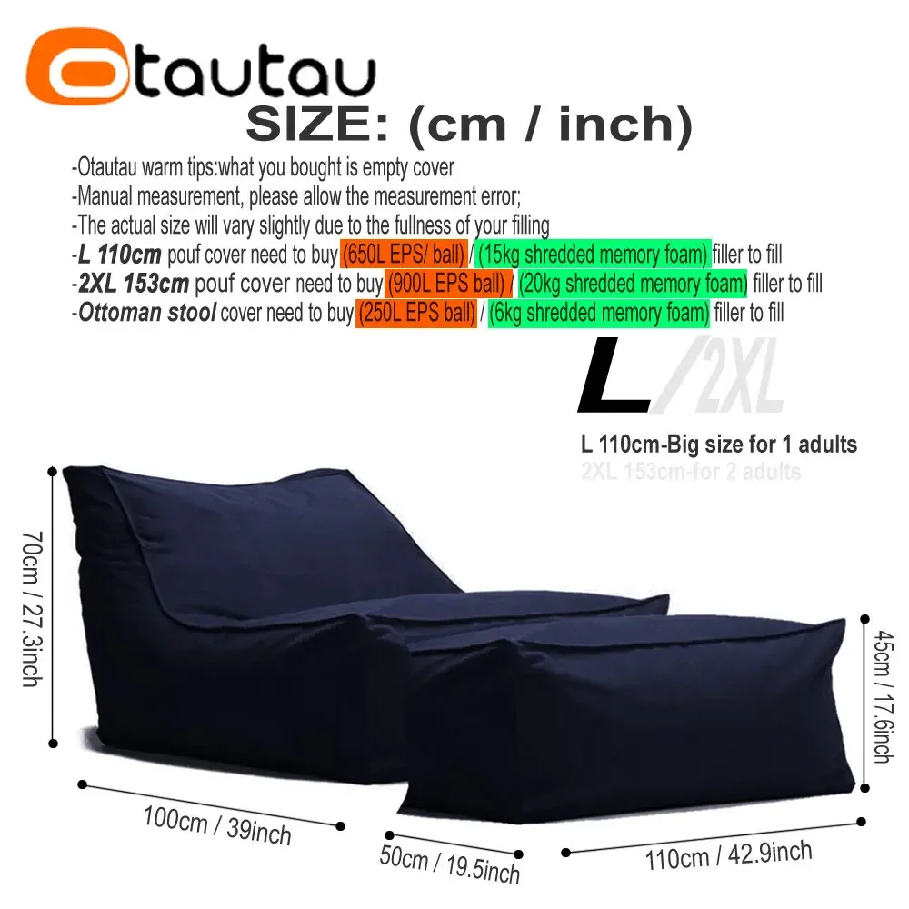 OTAUTAU Outdoor Waterproof Oxford Chaise Lounge Pouf Cover No Filler Garden Beach Camp Beanbag Sofa Bed Puff Salon Ottoman SF062