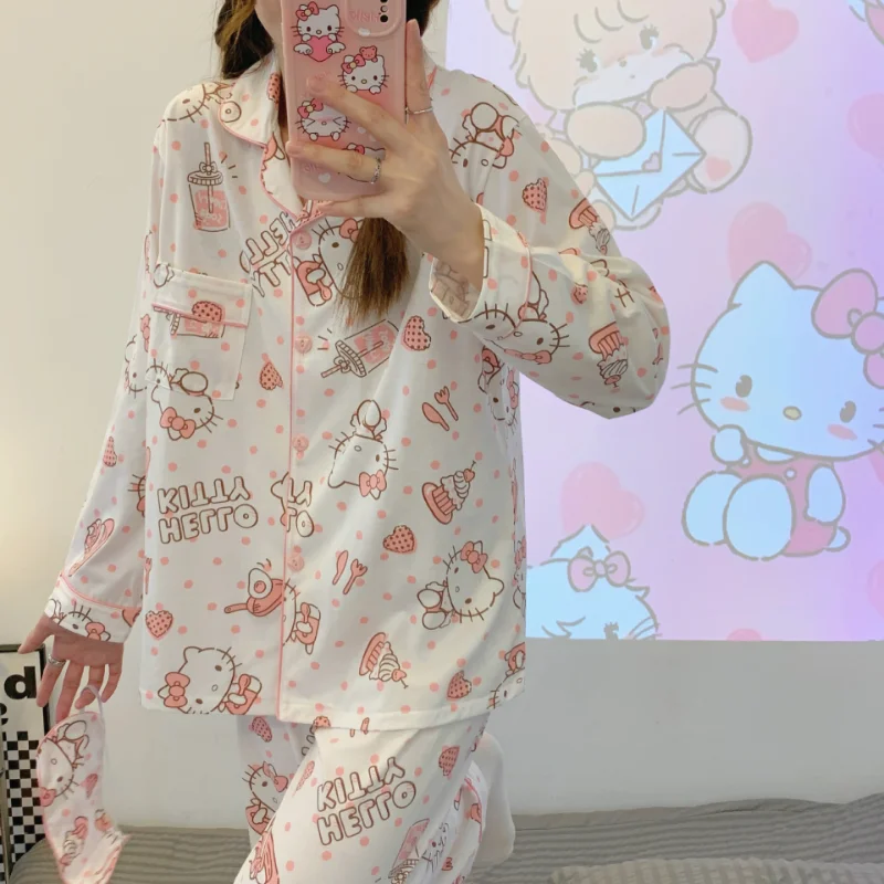 

Sanrio Hello Kitty пижамы женские из чистого хлопка брюки с длинными рукавами мультфильм повседневная свободная домашняя одежда женский пижамный комплект