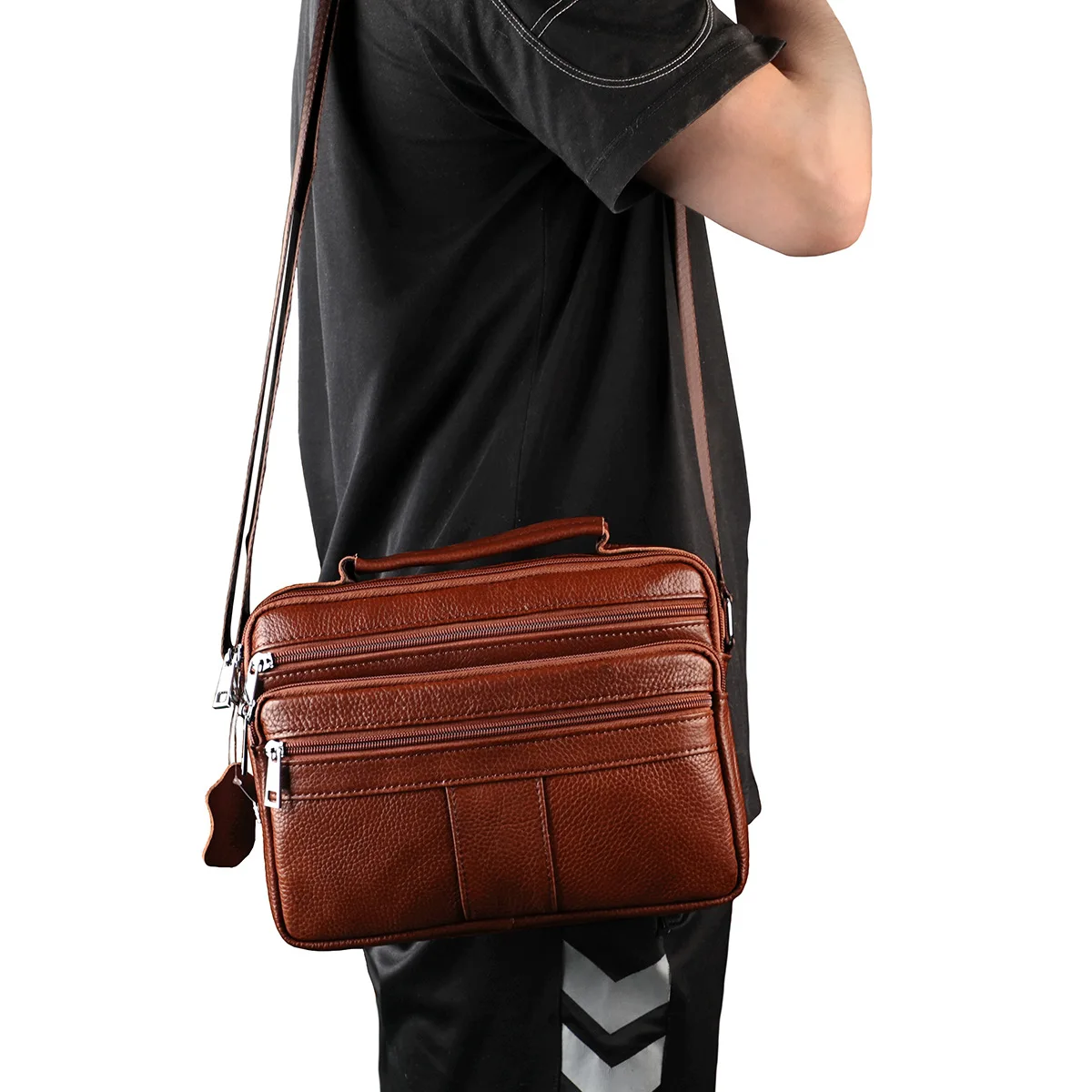 Genuine leather men's crossbody bag with multiple pockets and large capacity, hand-held shoulder bag, business briefcase