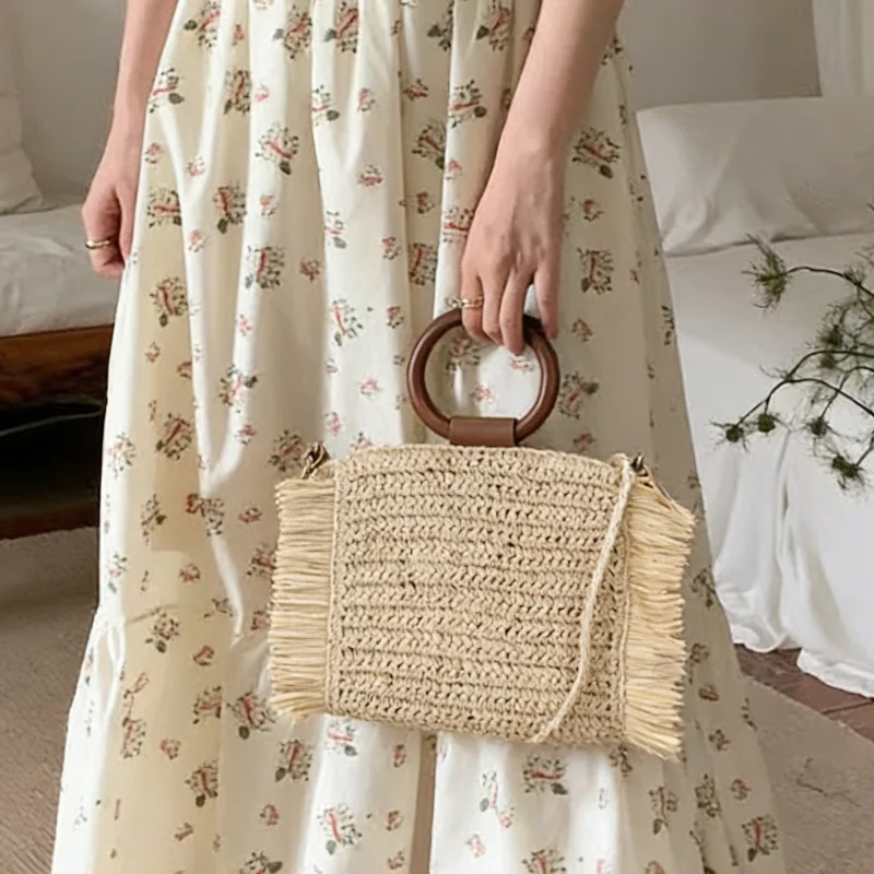 

Handwoven Straw Tote Bag With Wooden Ring Handle Edge Design Women Bohemian Style Handbag Vacation Beach Shoulder Crossbody Bag