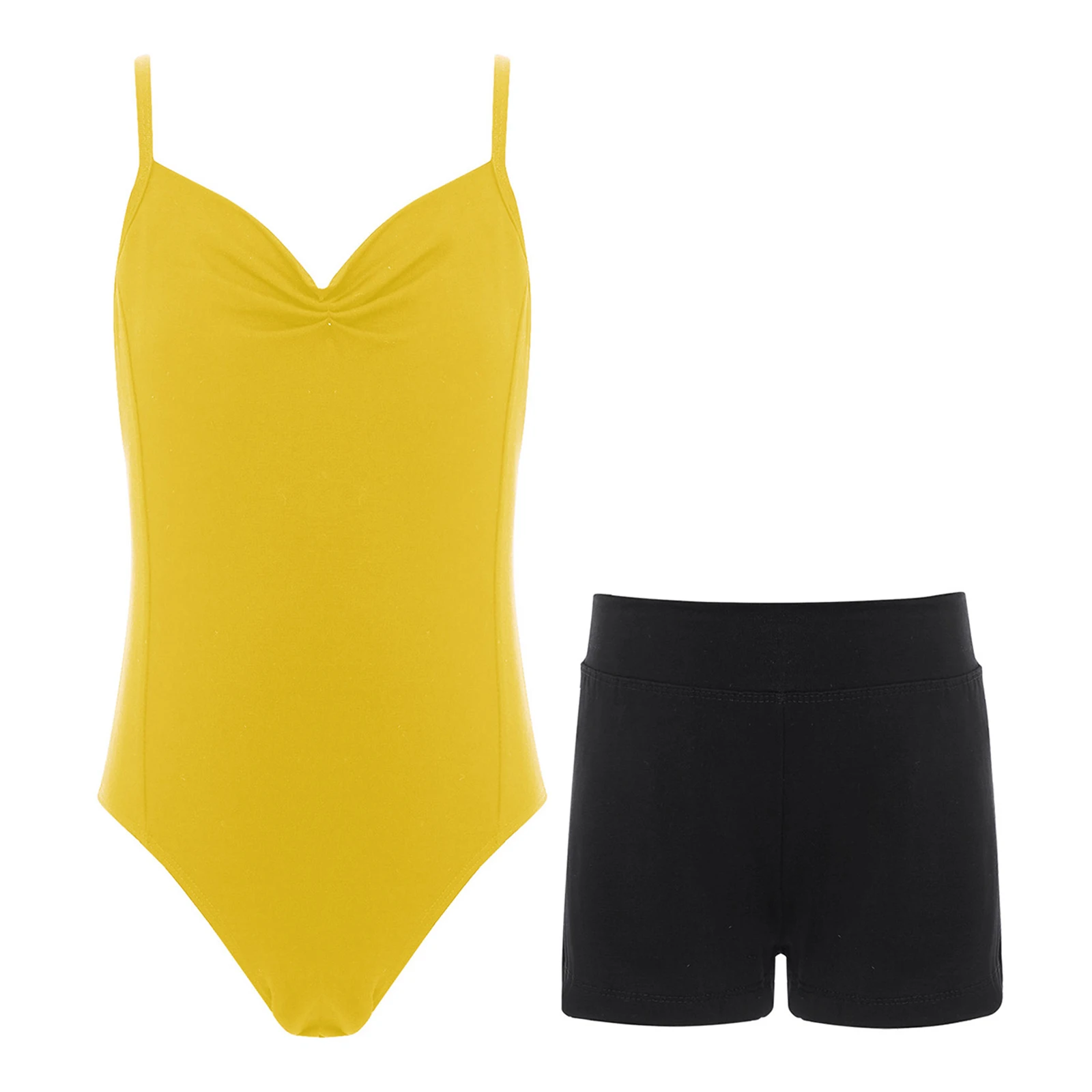 Tenue de spectacle de danse de gymnastique pour enfants filles, sans manches, dos nu, bretelles Spaghetti réglables, justaucorps de Ballet froncé avec short