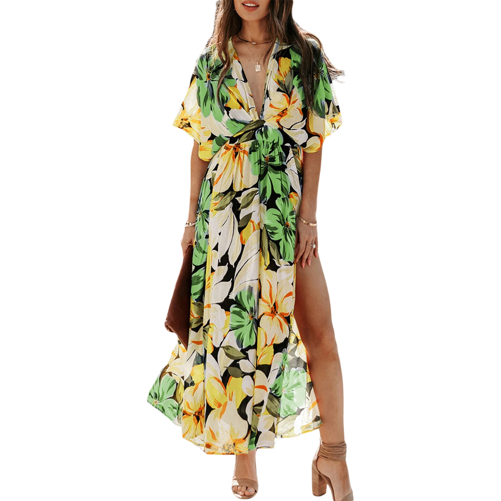 Robe longue bohème décontractée pour femmes, imprimé fleuri, col en V, manches courtes, taille haute, fendue, style Boho, mode d'été, plage, vacances