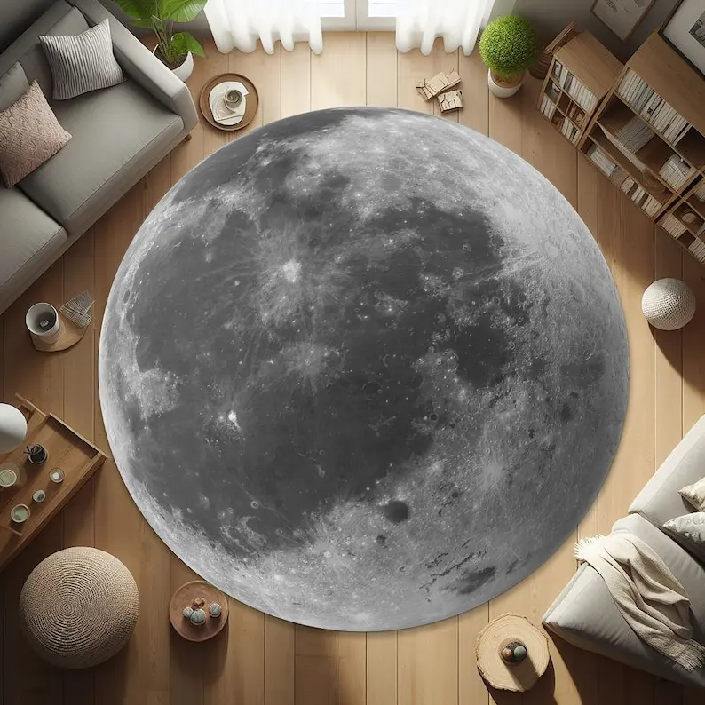 Moon Photo Round Rug, Non-Slip Washable Space Themed Carpet for Living Room, Nursery Kids Room Decor, Realistic NASA Style Mat