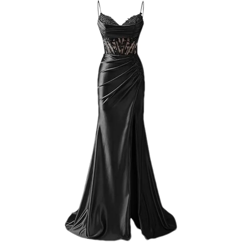 Customized Lace Appliques Satin Prom Dresses for Women with Slit Spaghetti Strap Backless Long Mermaid Evening Formal Gown - view 3