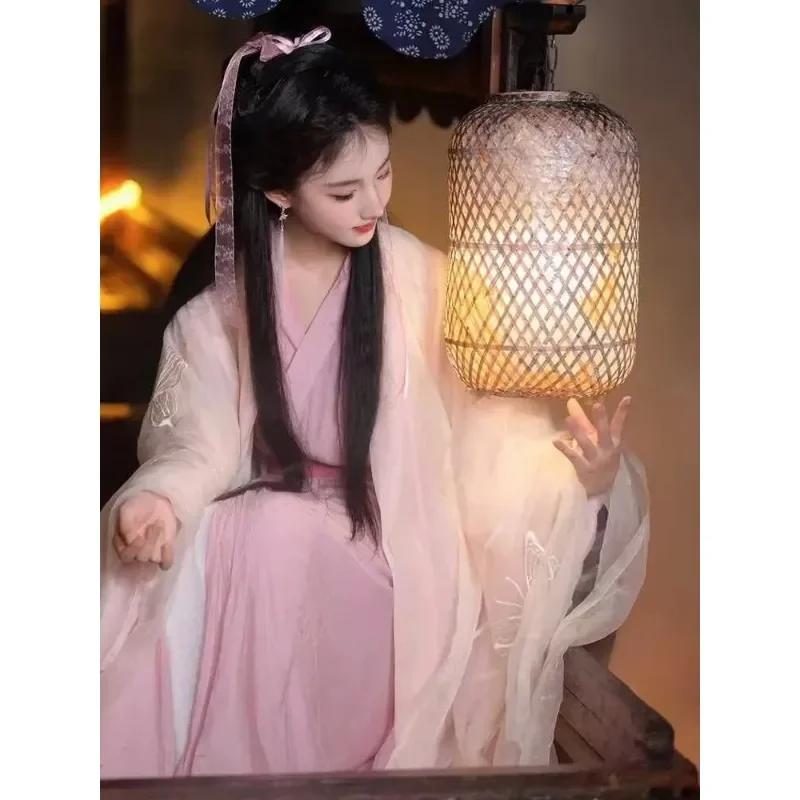 Embroidered Butterfly Pink Hanfu Dress For Women Chinese Halloween Fairy Cosplay Summer Plus Size Costume