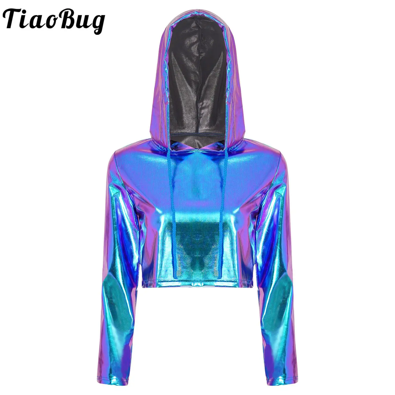 Womens Dance Performance Metallic Hooded Crop Top Fashion Long Sleeve Drawstring Hoodie Rave Party Music Festival Stage Costume