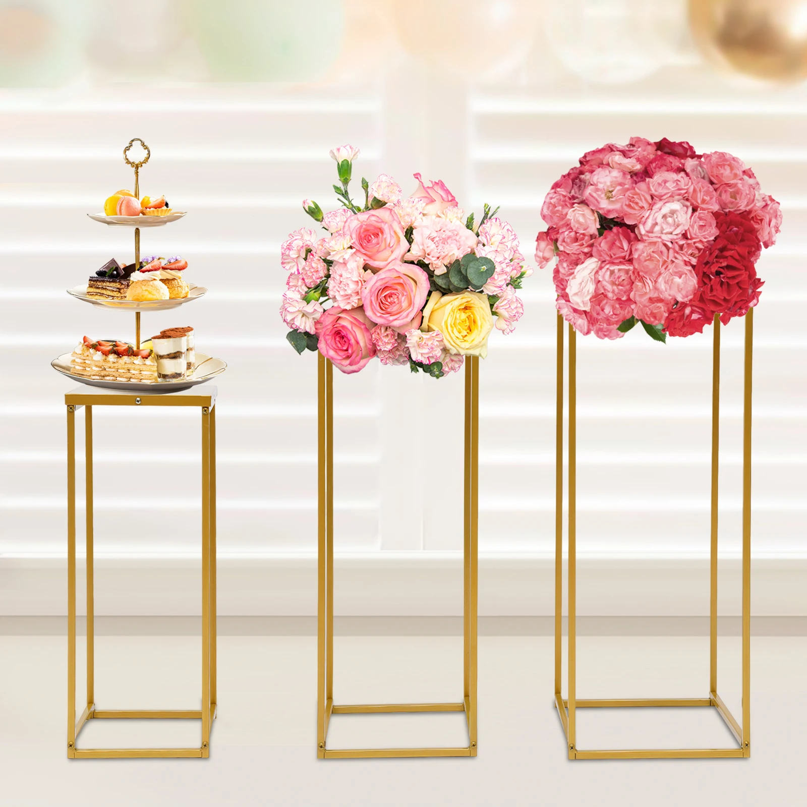 

BYMAOCAR 3PCS Flower Vases, Metal Table Centrepiece Decoration, Clear Rectangular Column Flower Stand, for Party, Wedding