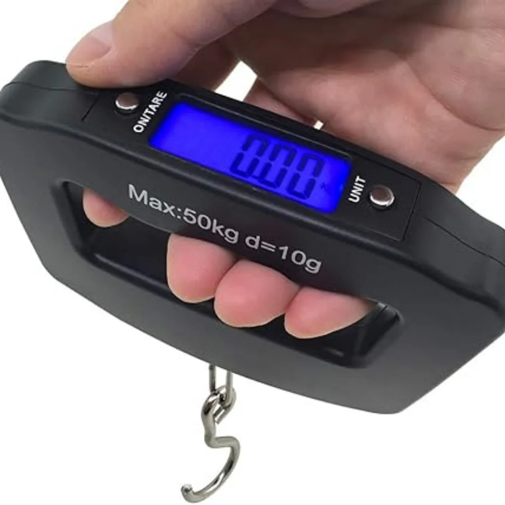 Báscula Digital Portátil de 50 kg y 10 g para Equipaje, Báscula de Viaje LCD, Báscula para Pescado, Báscula Electrónica Doméstica con Gancho para Colgar