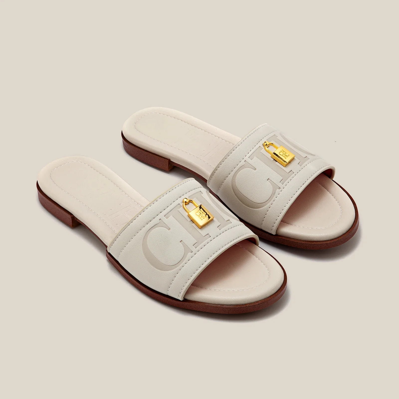 

2025 Summer Beige Flat Sandals Genuine Leather Single Strap Metal Buckle Non Slip Comfort For Women Daily Vacation Office Gift