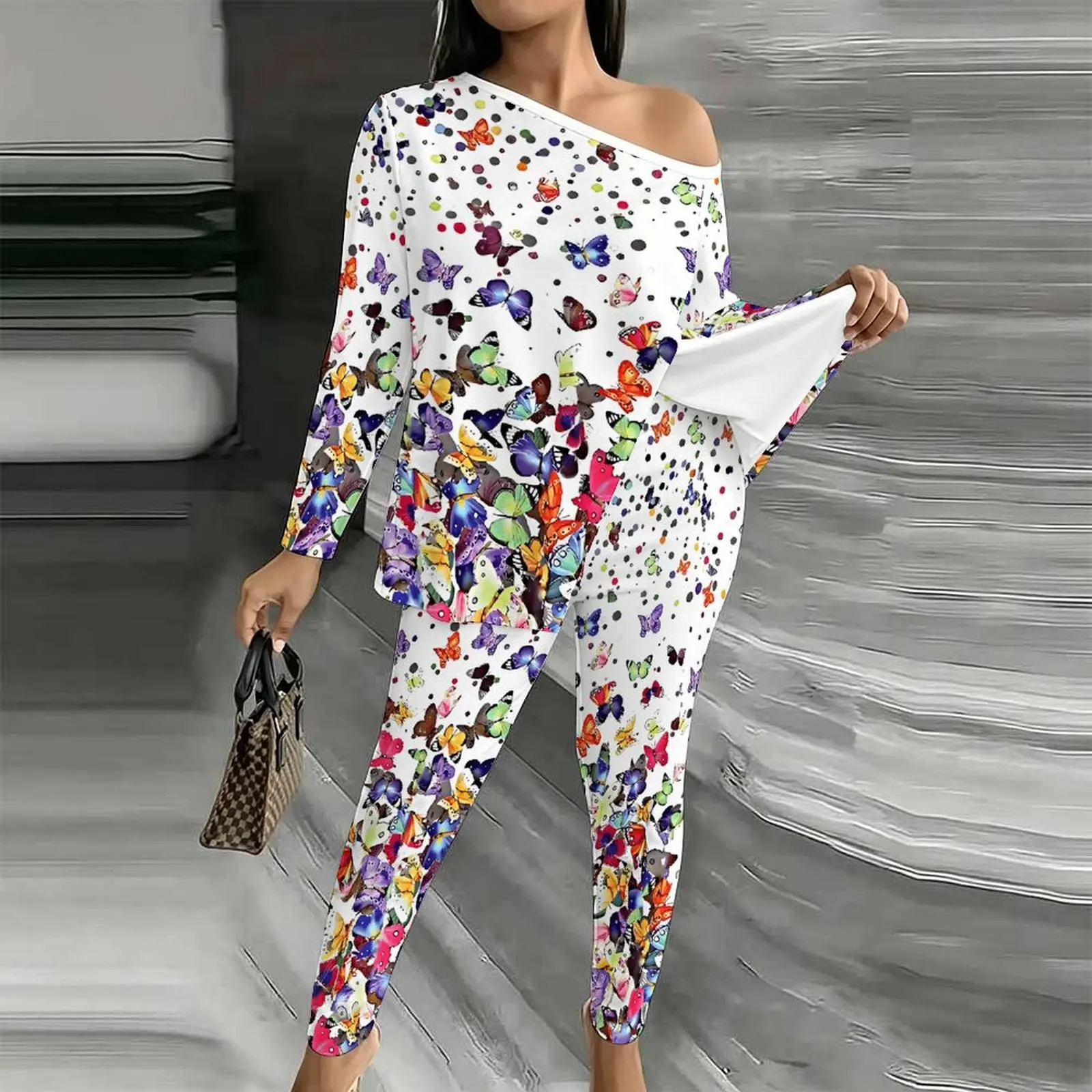 Women's Fashion Printed Jogging Pants Off Shoulder T-shirt Winter Diagonal Collar Long Sleeved Autumn Elegant Two-piece Set