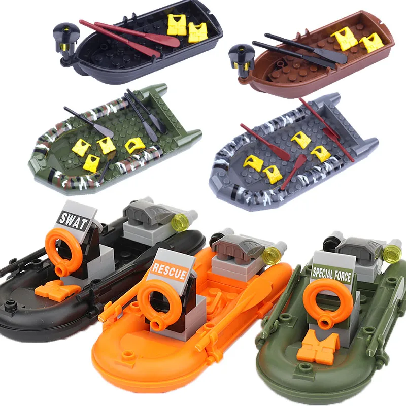 MOC ทหาร SWAT ตัวเลขอุปกรณ์เสริมอาคารบล็อก Camo เรือยาง Fire เรือ Kayak เรือชูชีพของเล่นสำหรับเด็ก C341