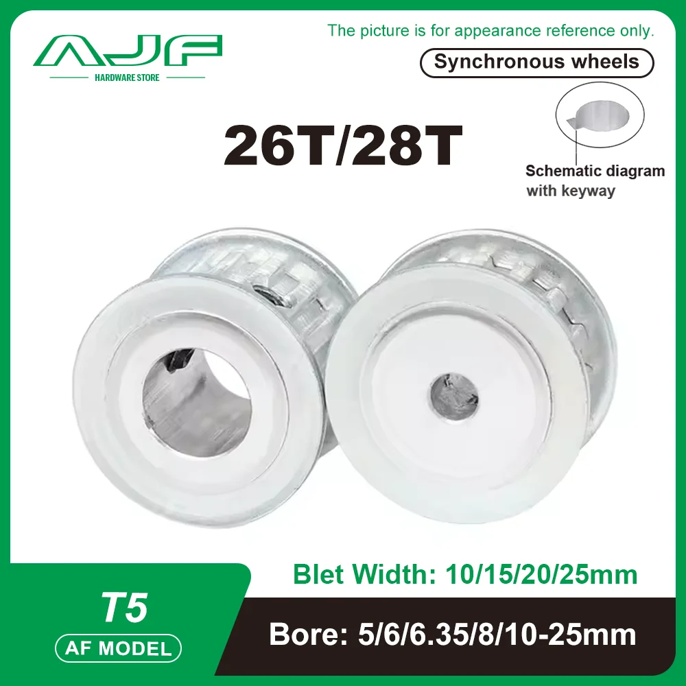 

Timing Pulley T5-26T/28Teeth Bore 5-25mm for belt Width 10/15/20/25mm AF Type T5 Synchronizing wheel Driving wheel