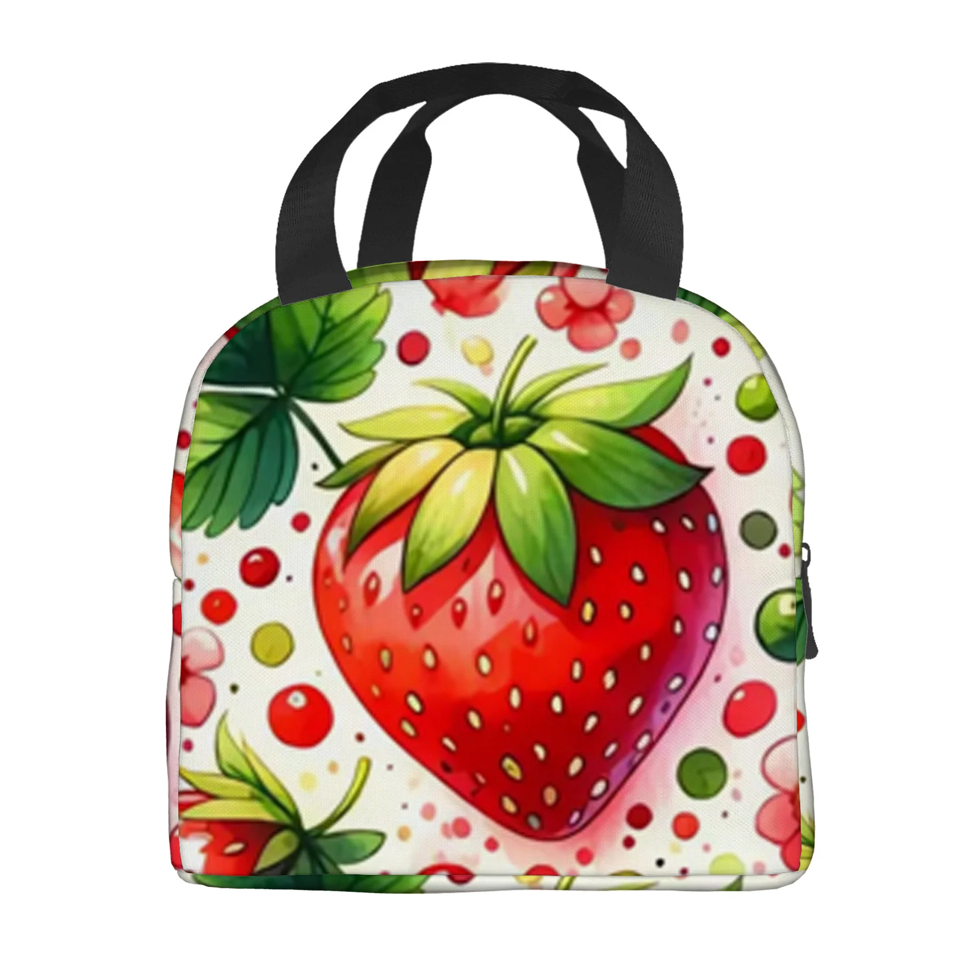 Strawberry Print Insulated Lunch Bag Portable Reusable Thermal Tote for Office School Picnic
