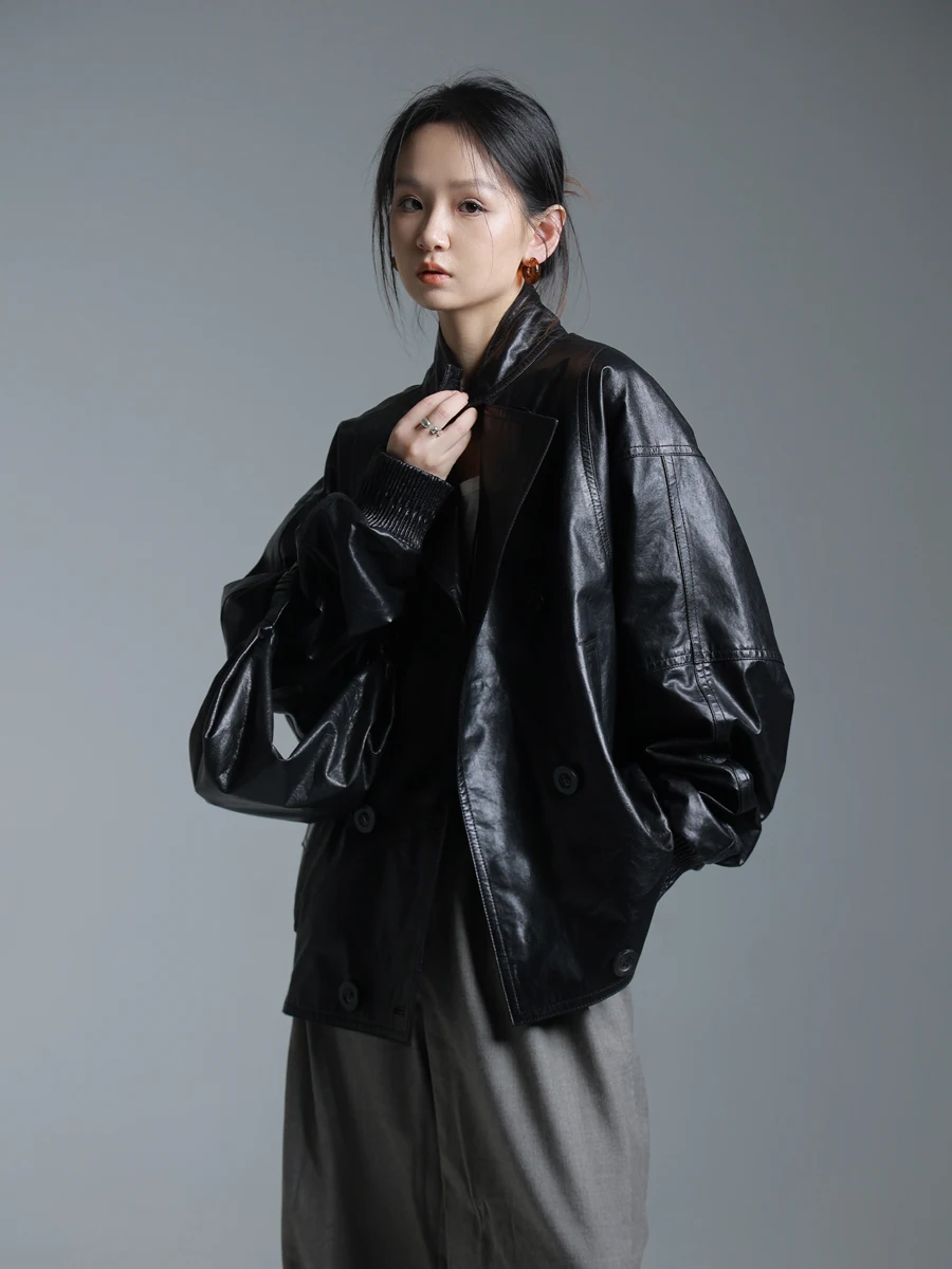 Black Oversize Genuine Leather Windbreaker Jackets for Women High-end Simple Stand Collar Double Breasted Real Sheepskin Coat