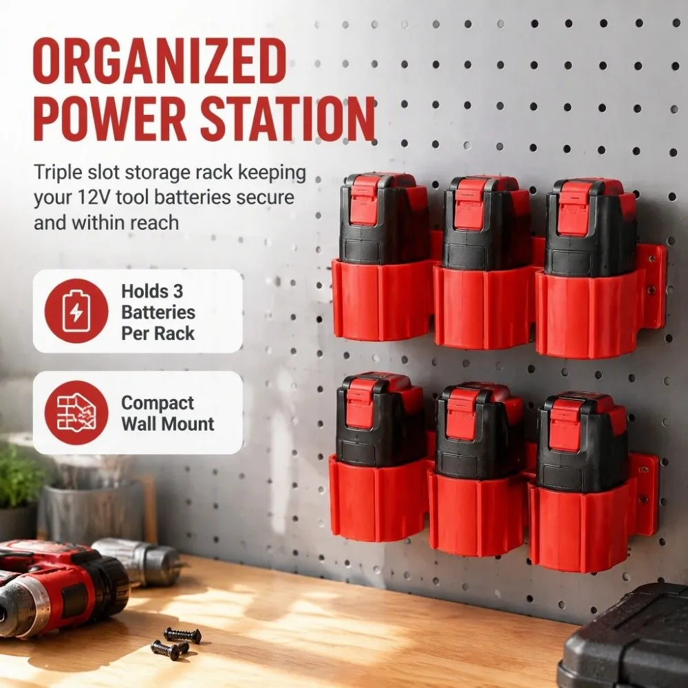 2pcs Wall Mountable Battery Tool Storage Holder 12V Compatible Accessory Holder Wall Mount Battery Rack Storage Rack Design