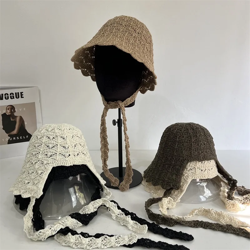 

Модные корейские вязаные кепки-панамы с кружевной отделкой и открытым задником для женщин, весенне-летние, дышащие, солнцезащитные, в стиле рыбацкой шляпы