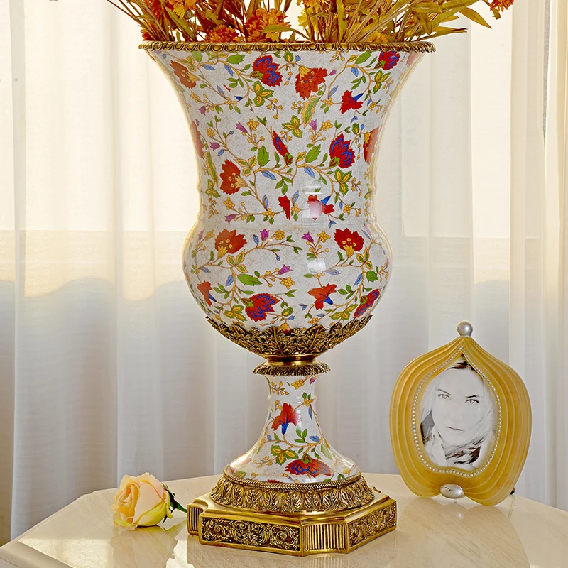 European high-end luxury flower arrangement living room creative flower ware American blue and white ceramic brass vase