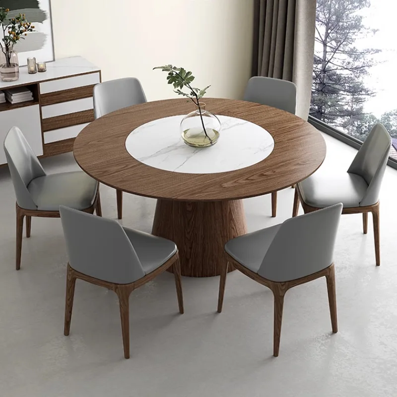 Medieval solid wood rock slab round dining table embedded turntable simple household round table