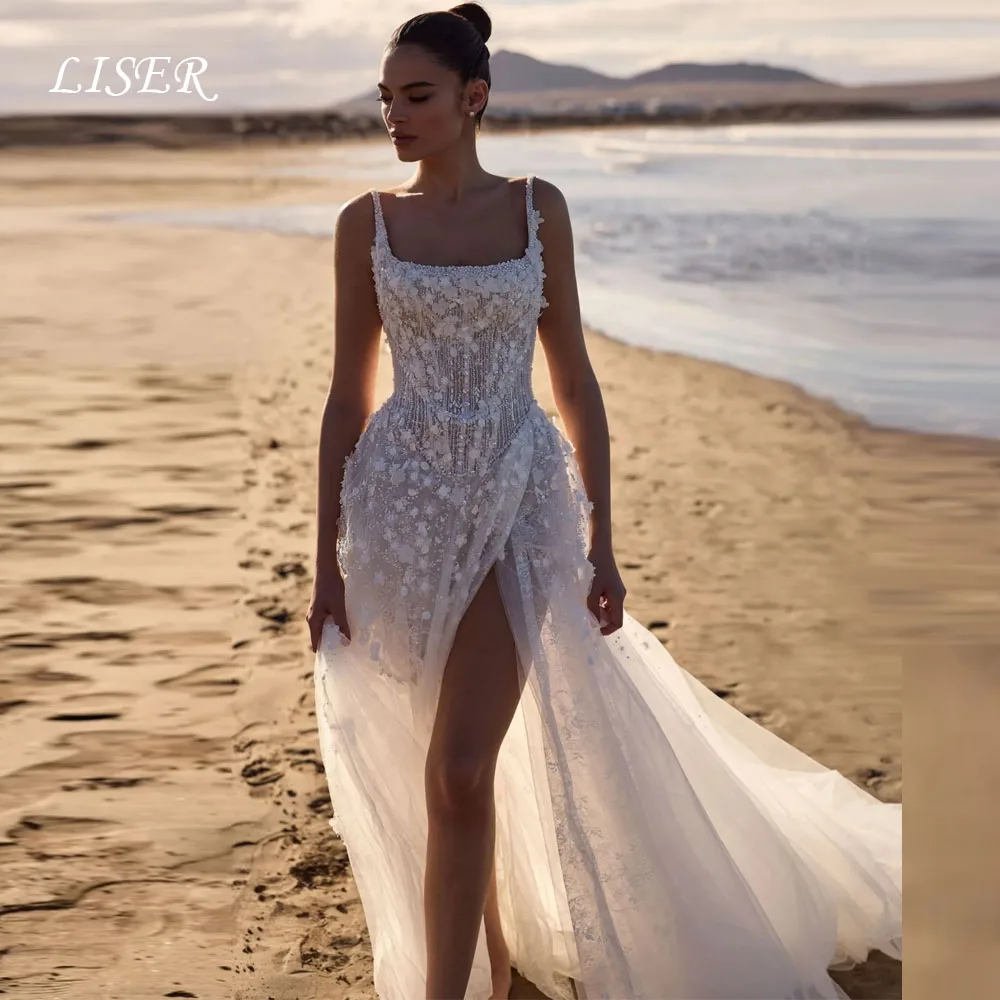Liser Spaghetti Strap Wedding Dresses Appliques High Slit Bridal Gowns Silk Lace Sleeveless Long Tail Customized robe de mariée