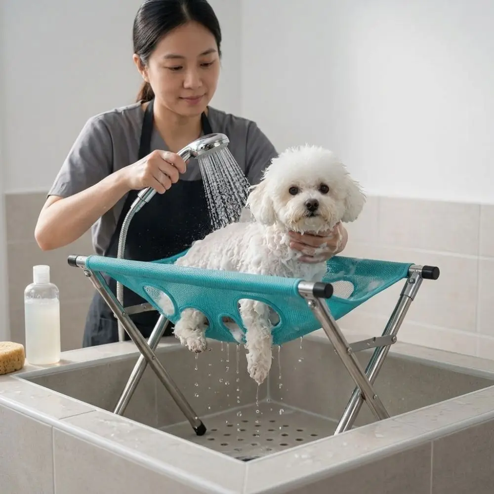 Folding Pet Grooming Hammock Quick Drying Anti-Scratch Pet Washing Station with Support Frame Sturdy Dog Grooming Table Home Use